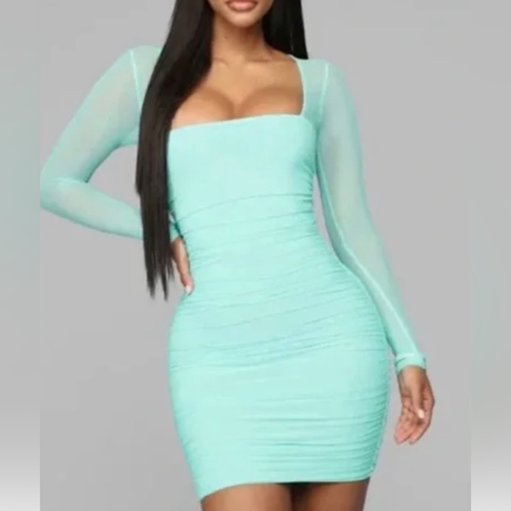 Fashion nova mint green mesh long sleeve body con dress S